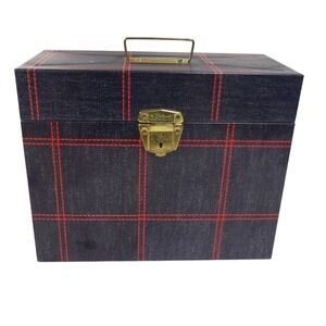 Vintage Ballonoff Porta-File Metal Box Denim Print Red Plaid Locking Key Blue